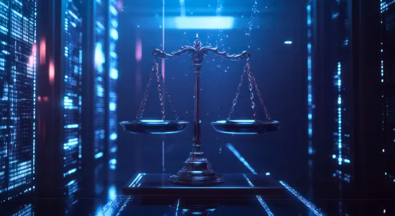 Scales of justice illuminated in a futuristic data center, symbolizing the intersection of AI systems with fairness and accountability.